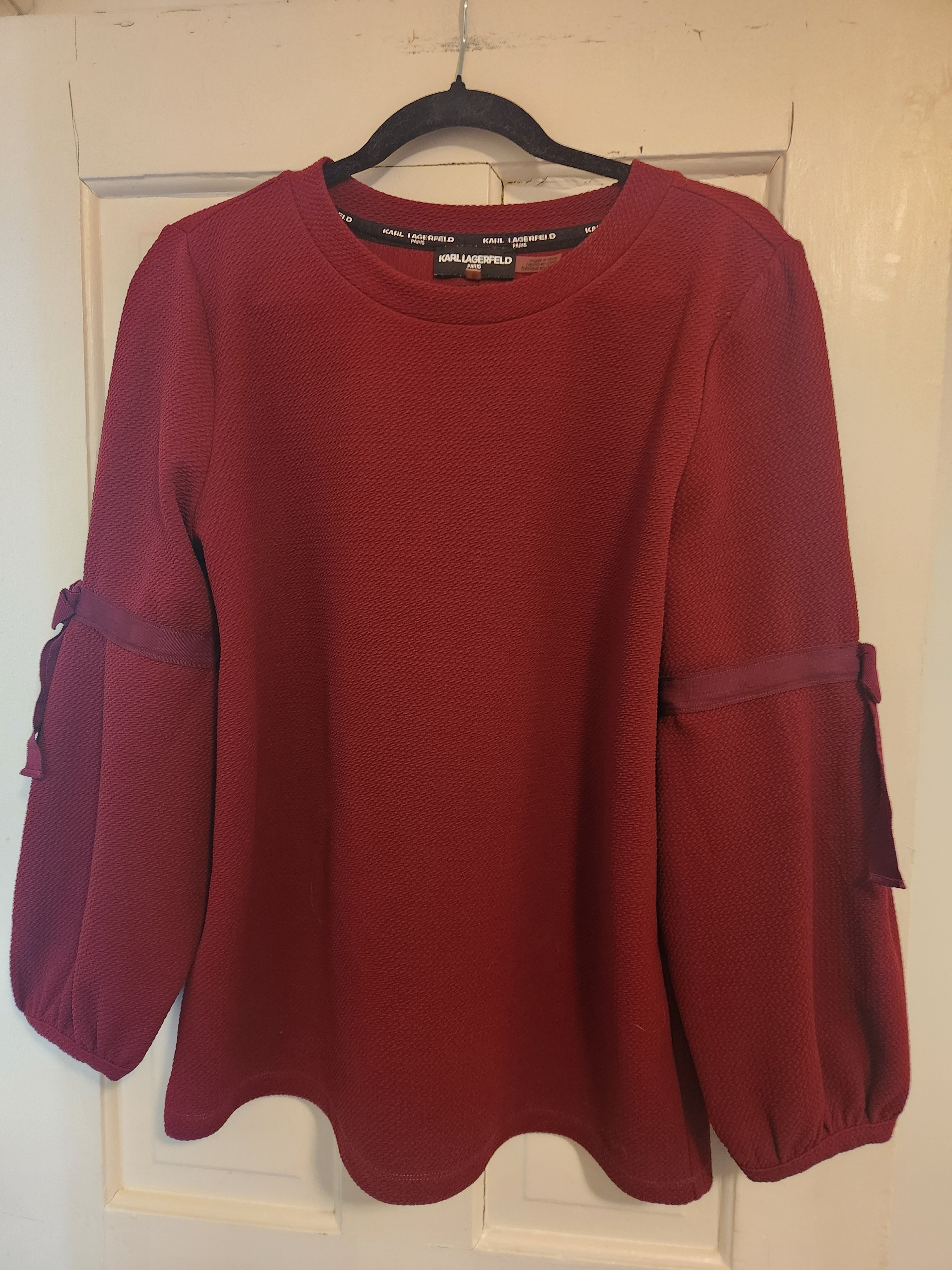 Karl Lagerfeld Burgundy Textured Balloon-Sleeve Top